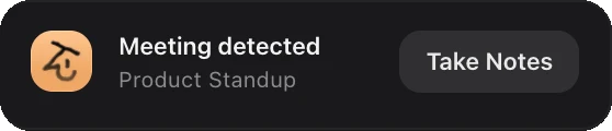 A Thine notification reading Meeting detected, with a Take Notes button