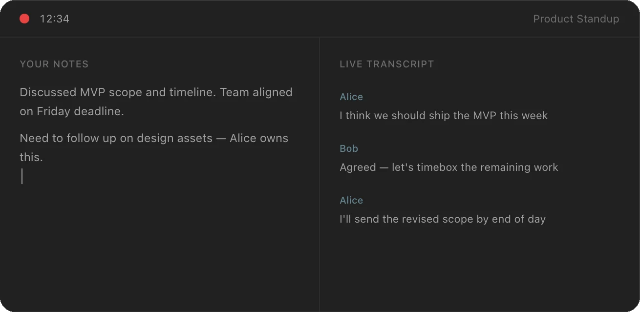 Thine for Mac during a meeting, with your notes beside a live transcript of each speaker