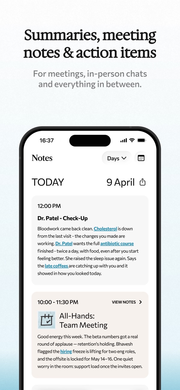 Thine Notes showing conversation summaries and meeting notes organized by day